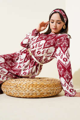 Kuşaklı Bel Lastikli Desenli Bürümcük Elbise Bordo - NESSİA