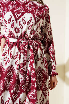 Kuşaklı Bel Lastikli Desenli Bürümcük Elbise Bordo - Tesettür Elbise