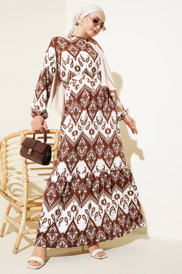 Kuşaklı Bel Lastikli Desenli Bürümcük Elbise Kahve - Elbise