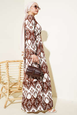 Kuşaklı Bel Lastikli Desenli Bürümcük Elbise Kahve - Tesettür Elbise