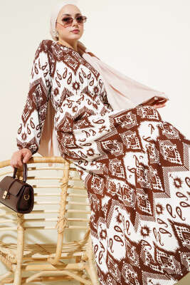 Kuşaklı Bel Lastikli Desenli Bürümcük Elbise Kahve - Tesettür Elbise