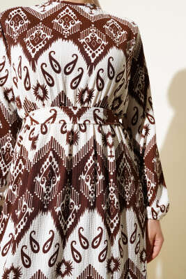 Kuşaklı Bel Lastikli Desenli Bürümcük Elbise Kahve - Tesettür Elbise