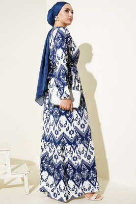 Kuşaklı Bel Lastikli Desenli Bürümcük Elbise Lacivert - Tesettür Elbise