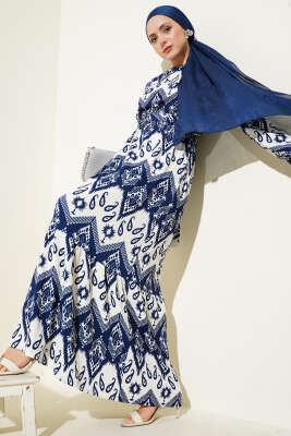 Kuşaklı Bel Lastikli Desenli Bürümcük Elbise Lacivert 