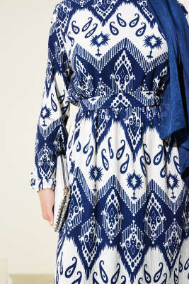 Kuşaklı Bel Lastikli Desenli Bürümcük Elbise Lacivert - Tesettür Elbise