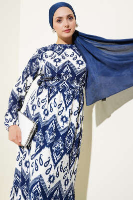 Kuşaklı Bel Lastikli Desenli Bürümcük Elbise Lacivert - Tesettür Elbise