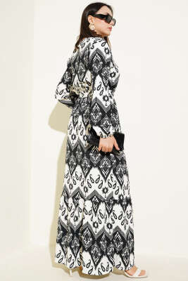 Kuşaklı Bel Lastikli Desenli Bürümcük Elbise Siyah - Tesettür Elbise