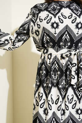 Kuşaklı Bel Lastikli Desenli Bürümcük Elbise Siyah - Tesettür Elbise