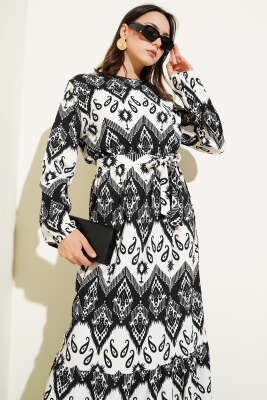 Kuşaklı Bel Lastikli Desenli Bürümcük Elbise Siyah - Tesettür Elbise