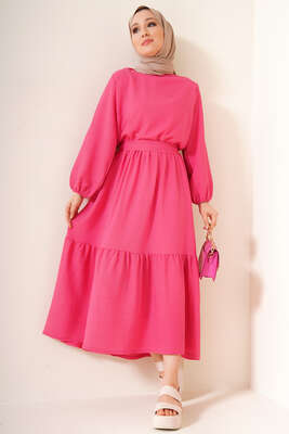 Kuşaklı Bel Lastikli Elbise Fuşya - Tesettür Elbise