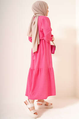 Kuşaklı Bel Lastikli Elbise Fuşya - Tesettür Elbise