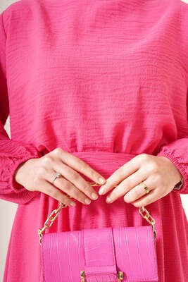 Kuşaklı Bel Lastikli Elbise Fuşya - Tesettür Elbise