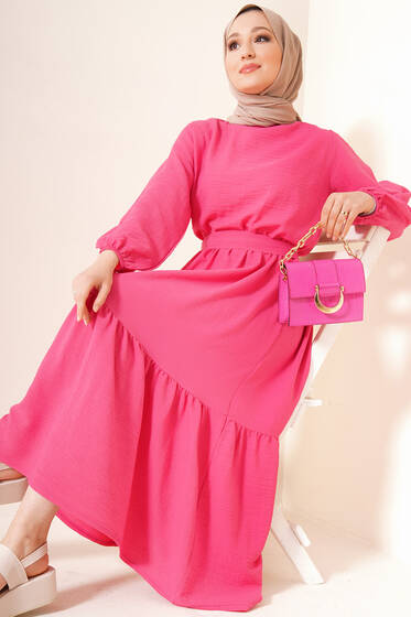 Kuşaklı Bel Lastikli Elbise Fuşya - Tesettür Elbise