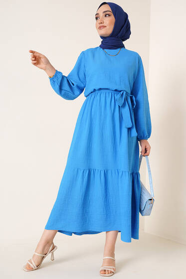 Kuşaklı Bel Lastikli Elbise Mavi - Tesettür Elbise