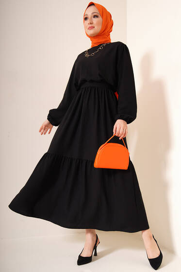 Kuşaklı Bel Lastikli Elbise Siyah - Tesettür Elbise