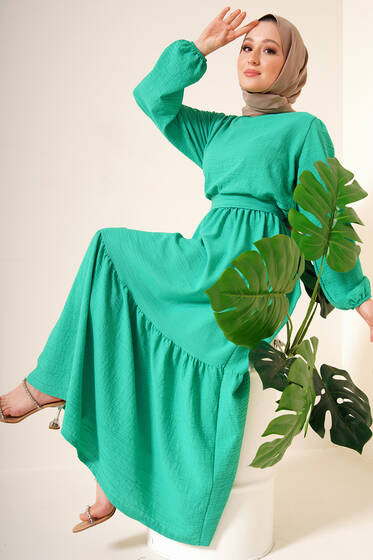 Kuşaklı Bel Lastikli Elbise Yeşil - Tesettür Elbise