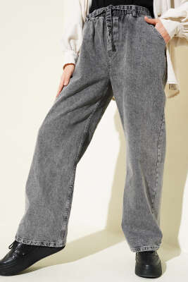 Kuşaklı Bel Lastikli Kot Pantolon Füme - 300-500 TL Ürünler