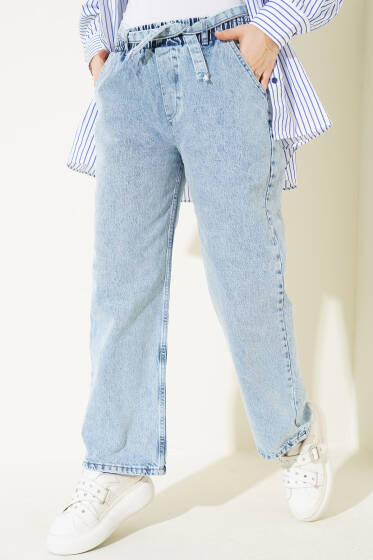 Kuşaklı Bel Lastikli Kot Pantolon Kar Açık - Pantolon