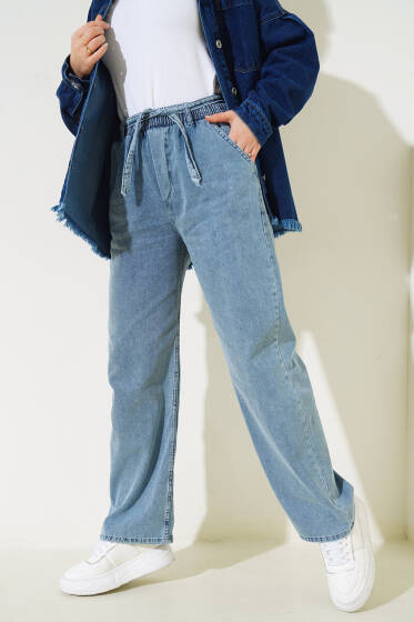 Kuşaklı Bel Lastikli Kot Pantolon Kot Mavisi - Pantolon