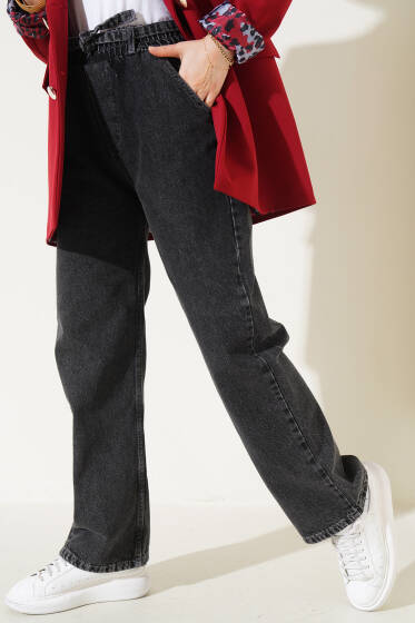 Kuşaklı Bel Lastikli Kot Pantolon Siyah - Pantolon