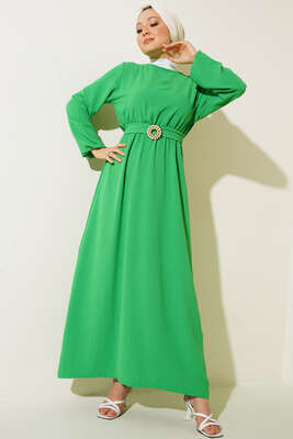 Kuşaklı Beli Lastikli Ayrobin Elbise Yeşil - Thumbnail