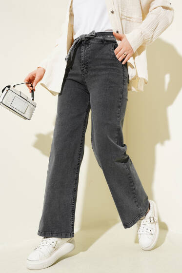 Kuşaklı Beli Lastikli Kot Pantolon Füme - Pantolon