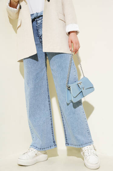 Kuşaklı Beli Lastikli Kot Pantolon Kot Mavisi - Pantolon