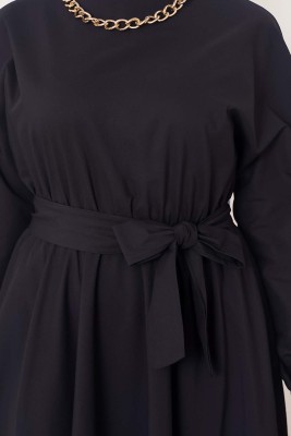 Kuşaklı Beli Lastikli Siyah Elbise - Thumbnail