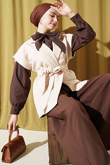 Kuşaklı Blazer Yelek Bej - Yelek