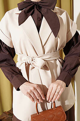 Kuşaklı Blazer Yelek Bej - Yelek