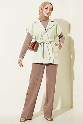 Kuşaklı Blazer Yelek Çağla Yeşili - Yelek