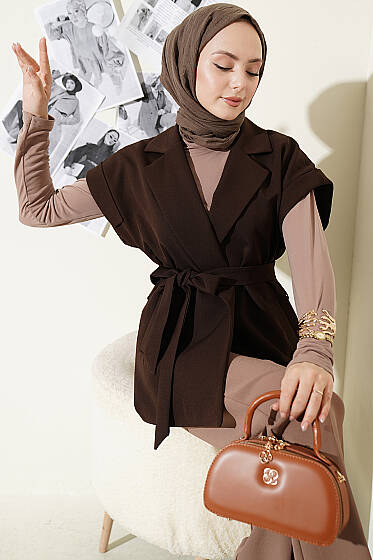 Kuşaklı Blazer Yelek Kahve - Yelek