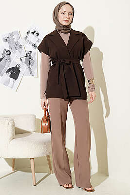 Kuşaklı Blazer Yelek Kahve - Yelek