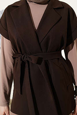 Kuşaklı Blazer Yelek Kahve - Yelek