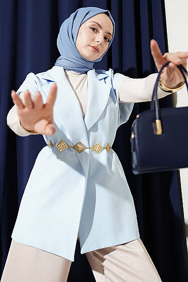 Kuşaklı Blazer Yelek Mavi - Yelek