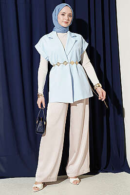 Kuşaklı Blazer Yelek Mavi - Yelek