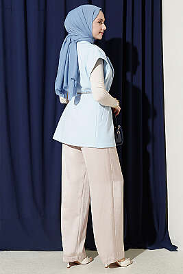 Kuşaklı Blazer Yelek Mavi - Yelek