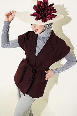 Kuşaklı Blazer Yelek Mürdüm - MD TREND