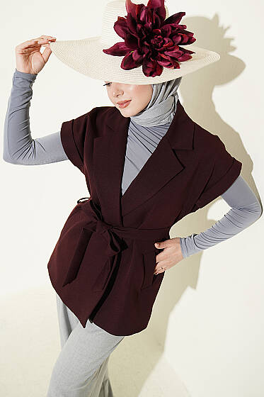 Kuşaklı Blazer Yelek Mürdüm - Yelek