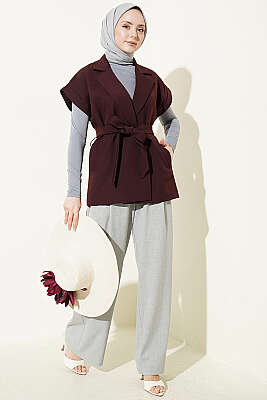 Kuşaklı Blazer Yelek Mürdüm - Yelek