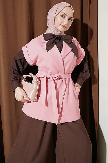 Kuşaklı Blazer Yelek Pudra - Yelek