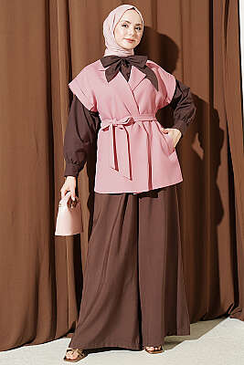 Kuşaklı Blazer Yelek Pudra - Yelek