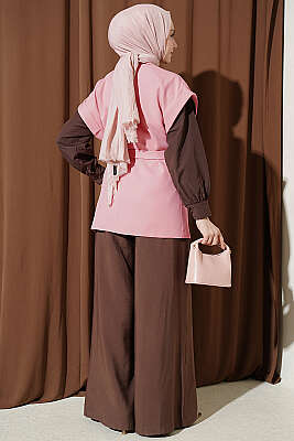 Kuşaklı Blazer Yelek Pudra - Yelek