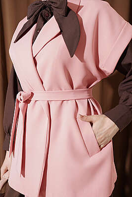 Kuşaklı Blazer Yelek Pudra - Yelek