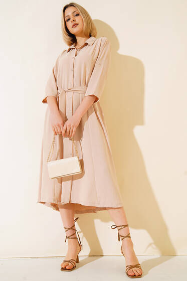 Kuşaklı Boydan Düğmeli Elbise Bej - Yeni Giyim