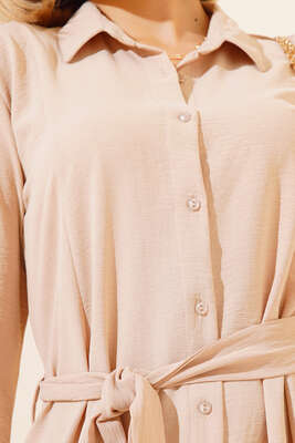 Kuşaklı Boydan Düğmeli Elbise Bej - Thumbnail