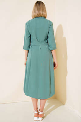 Kuşaklı Boydan Düğmeli Elbise Çağla Yeşili - Thumbnail