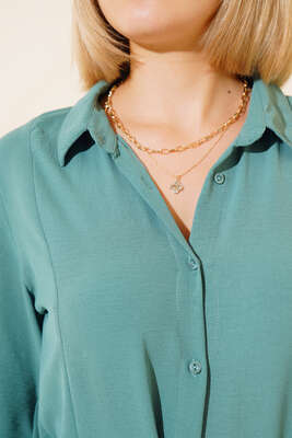 Kuşaklı Boydan Düğmeli Elbise Çağla Yeşili - Thumbnail