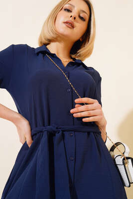 Kuşaklı Boydan Düğmeli Elbise Lacivert - Thumbnail