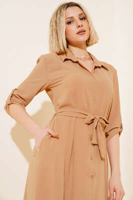 Kuşaklı Boydan Düğmeli Elbise Latte - Thumbnail